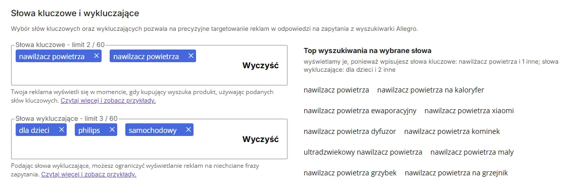 Słowa wykluczające w Panelu Allegro Ads