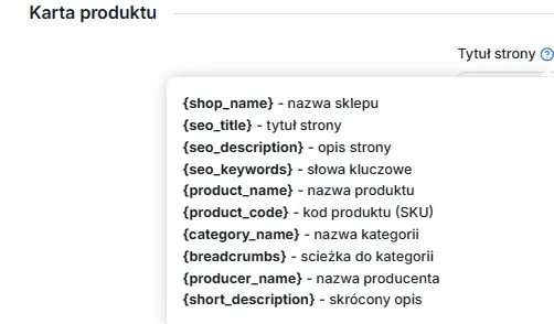 Dostępne znaczniki meta w panelu Shoper