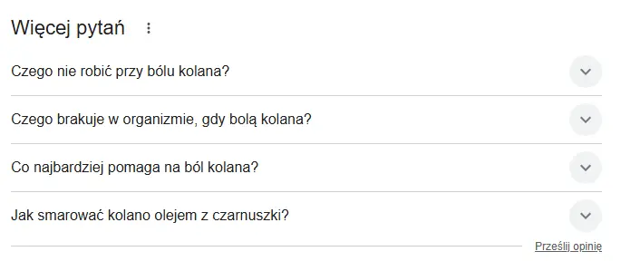 Sekcja Więcej pytań w wynikach Google dla zapytania ból kolana