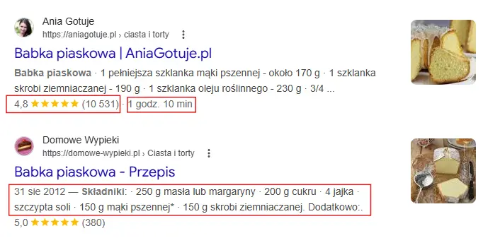 Rich snippet przepisu – ocena, czas przygotowania i składniki