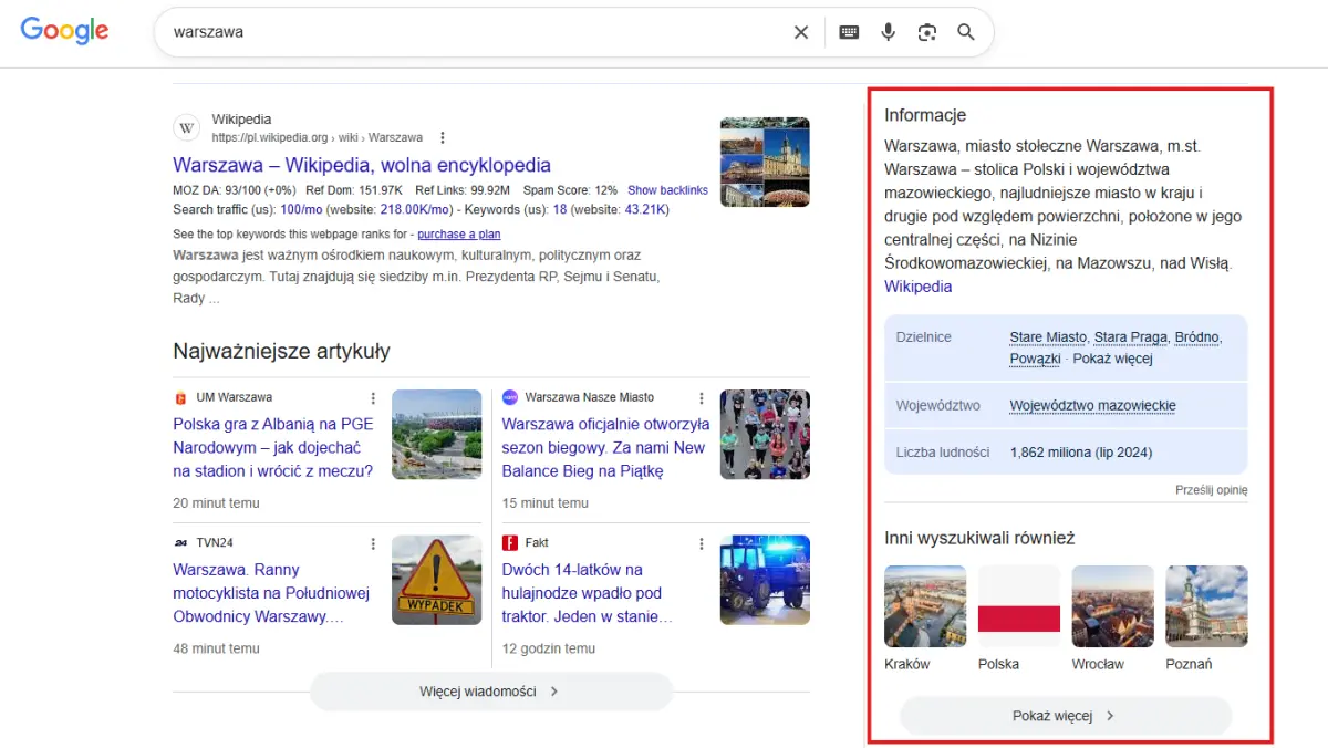 Knowledge Panel Google – graf wiedzy dla encji Warszawa