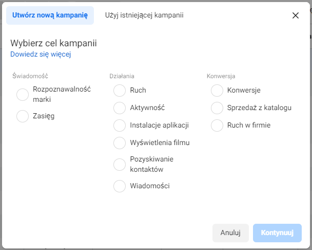 Cele reklamowe dostępne na Facebooku