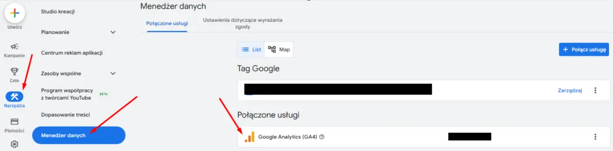 Akceptacja połączenia GA4 w panelu Google Ads