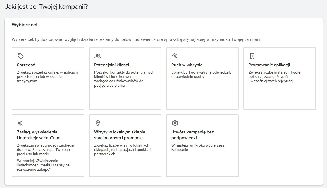 Wybór celu kampanii Google Ads